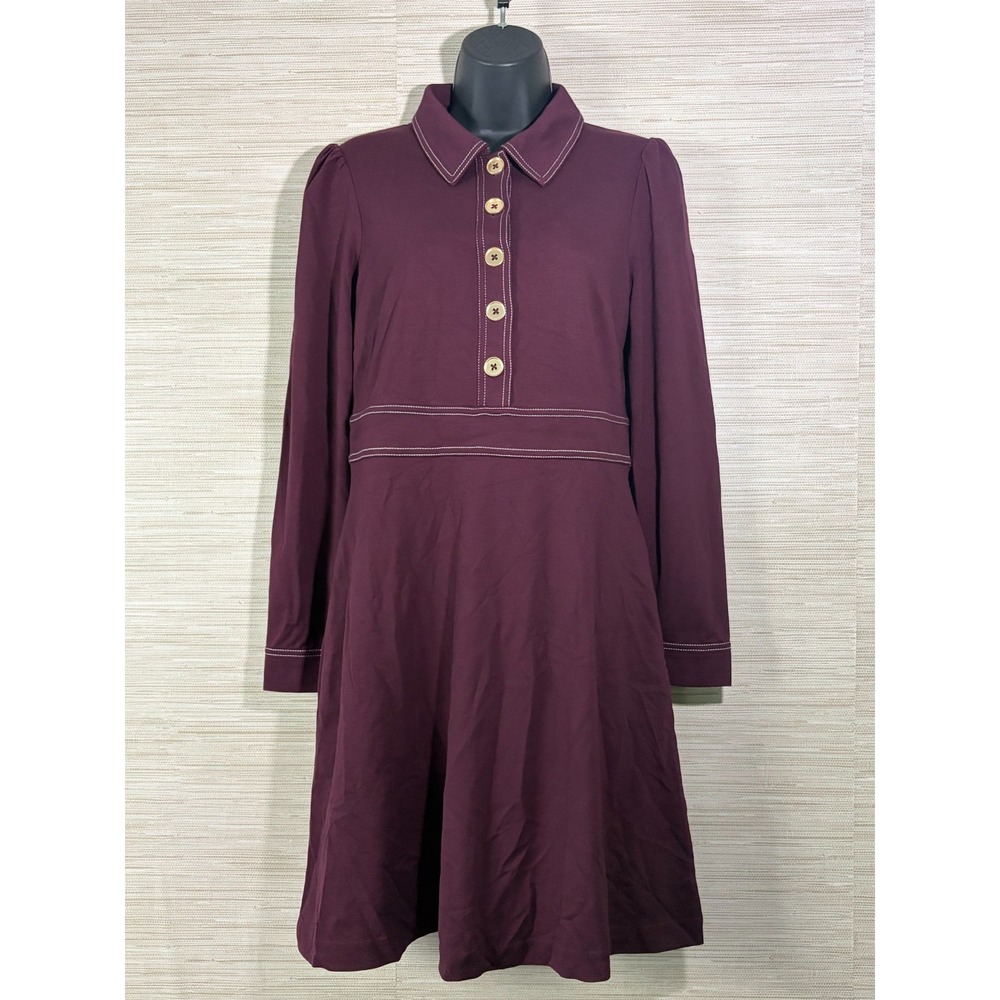 Boden Contrast Stitch Shirt Dress Womens 4R Plum Purple EcoVero Midi NWT